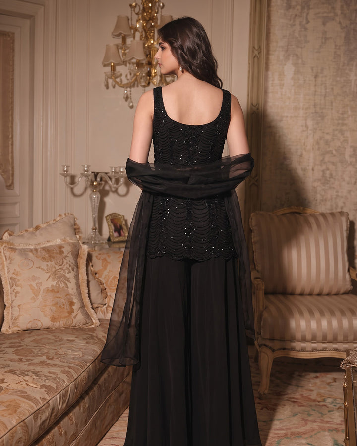 SOPHIA, Embroidered Net Indo-Western Sharara Set (Black)