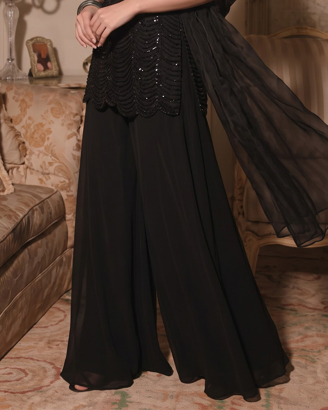 SOPHIA, Embroidered Net Indo-Western Sharara Set (Black)