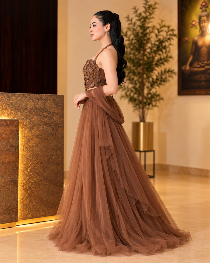Airen Mocha Brown Mesh Lehenga Set