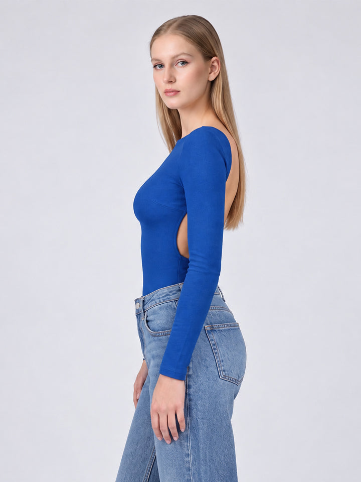 ZORA BLUE OPEN-BACK KNIT TOP