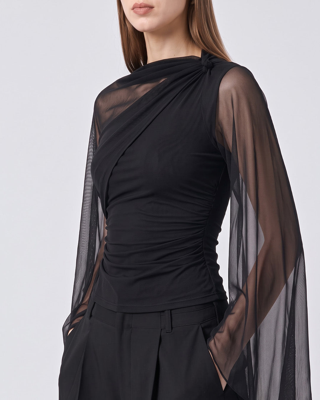 MAEVE Ruched Asymmetric Black Top