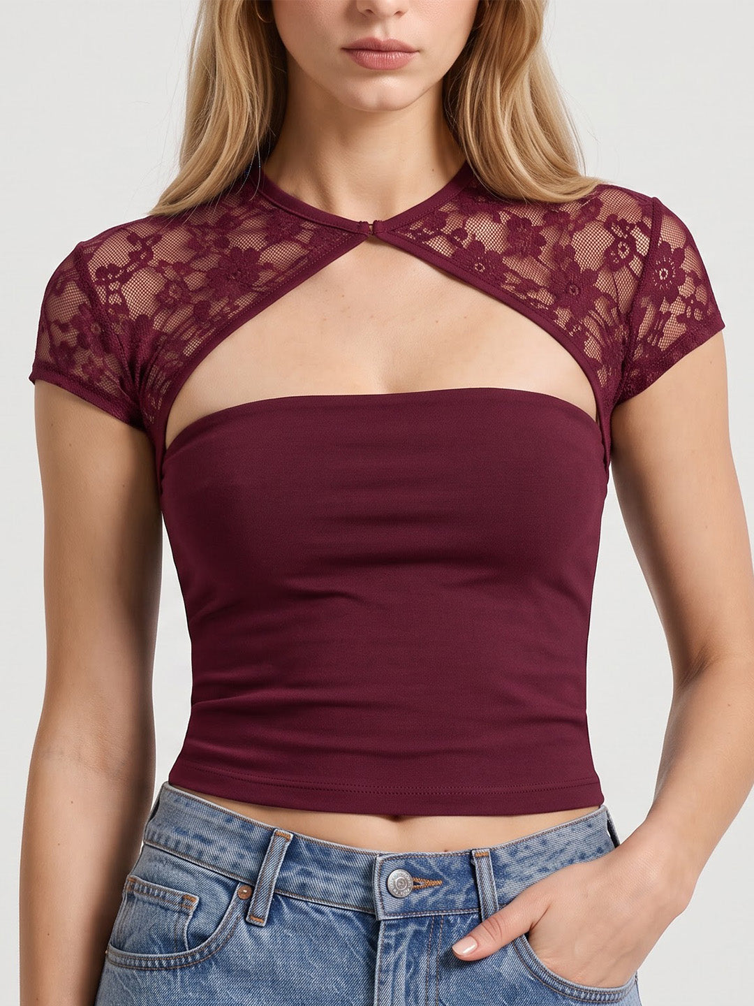 ARTELIA Lace Cut-Out Top Wine