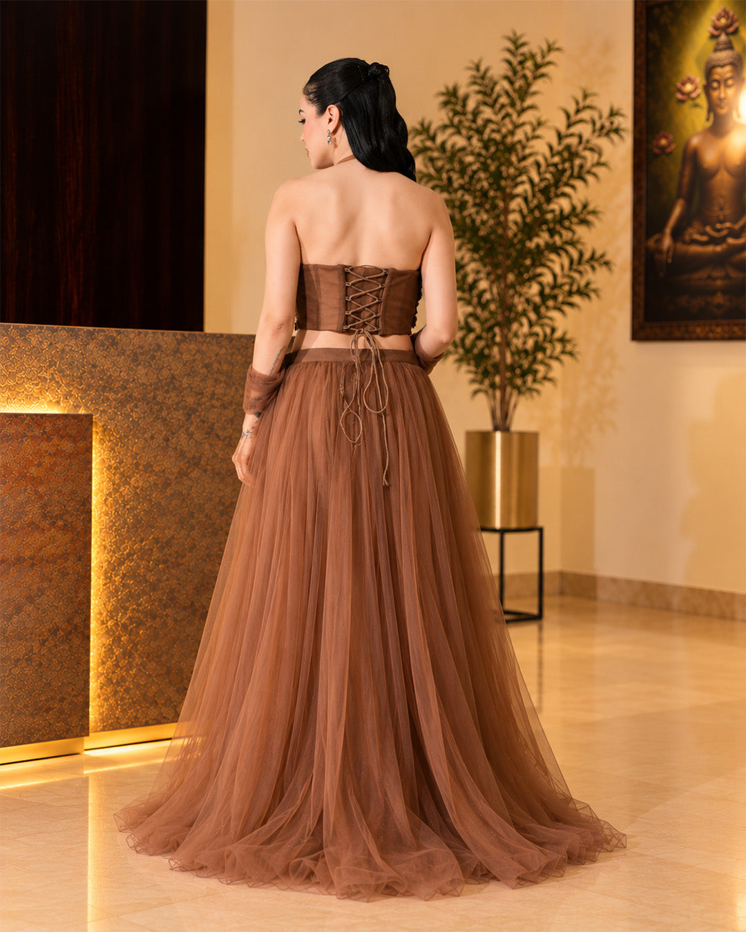 Airen Mocha Brown Mesh Lehenga Set