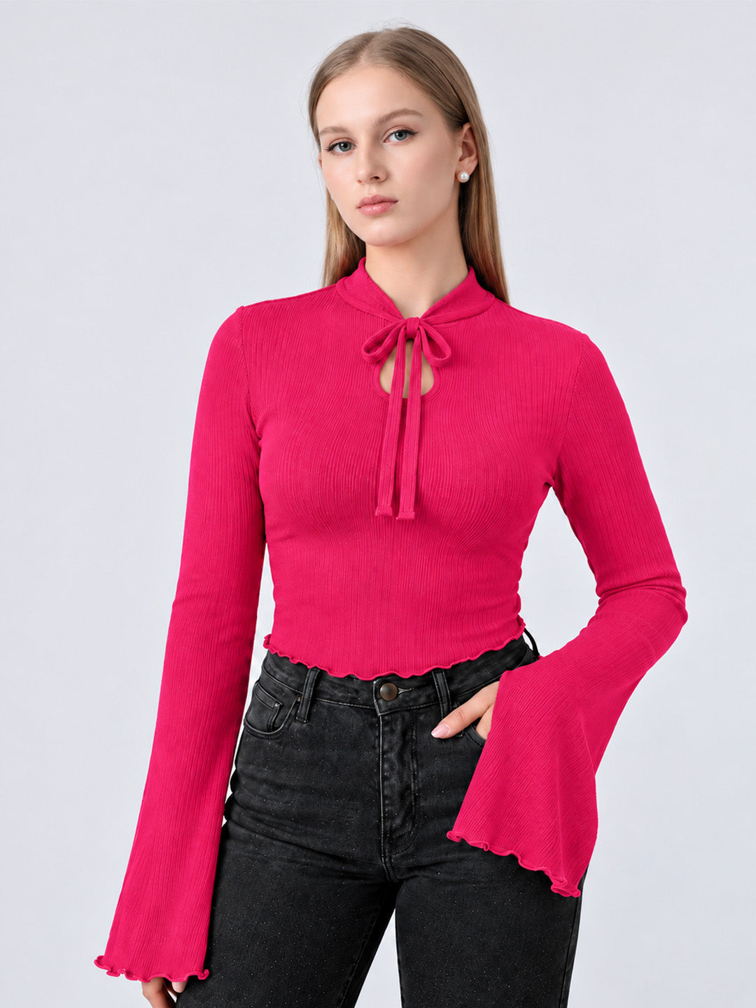 NELLIE RIBBED BELL SLEEVE TOP (PINK)