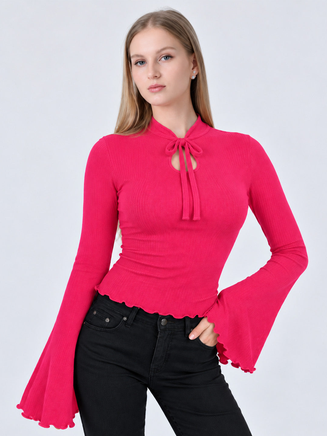 NELLIE RIBBED BELL SLEEVE TOP (PINK)