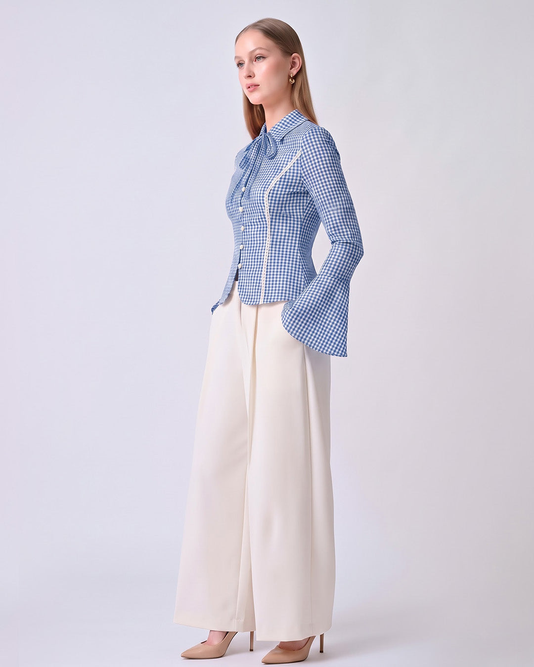 CHARLOTTE Blue Gingham Tailored Top