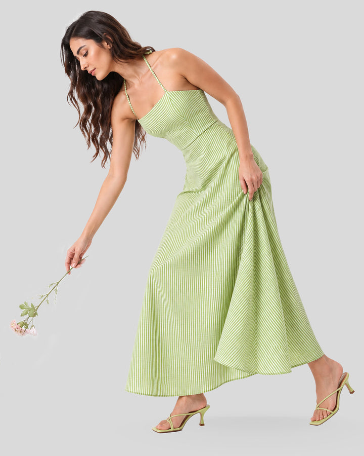 MATCHA Green Striped Midi Dress