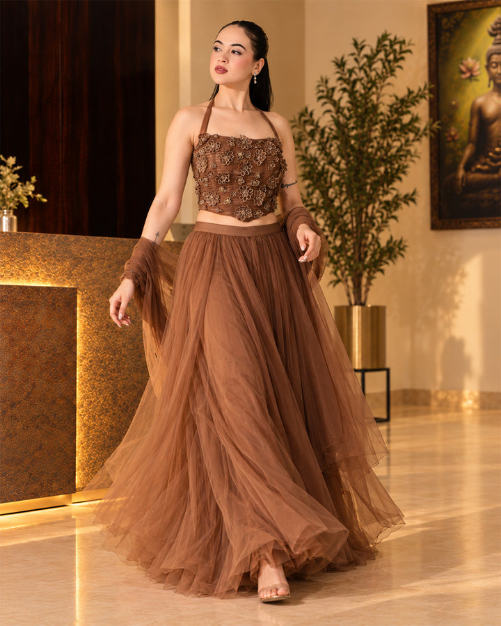 Airen Mocha Brown Mesh Lehenga Set