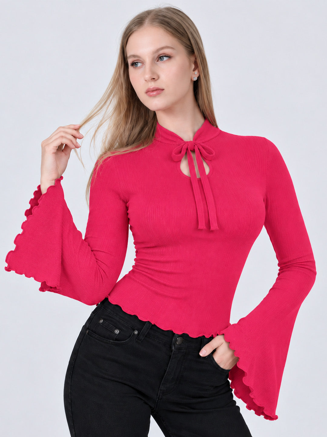NELLIE RIBBED BELL SLEEVE TOP (PINK)