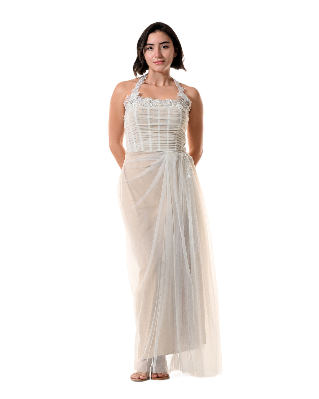 NUDE, Embellished Drape Dress(Soft Beige)