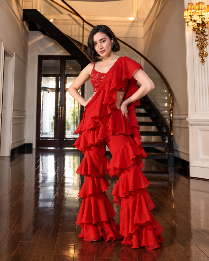 Asmaira Red Indo-Western Ruffle Set