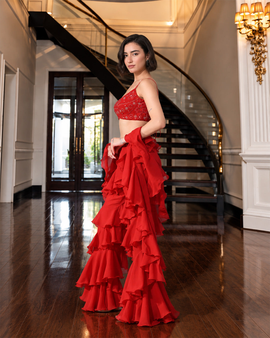 Asmaira Red Indo-Western Ruffle Set