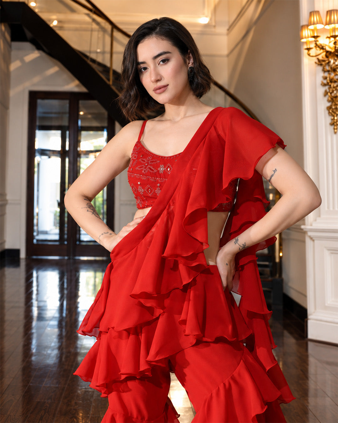 Asmaira Red Indo-Western Ruffle Set