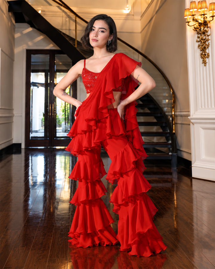 Asmaira Red Indo-Western Ruffle Set