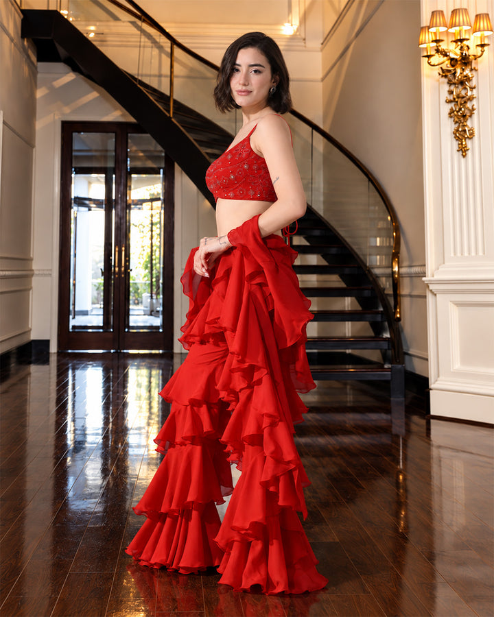 Asmaira Red Indo-Western Ruffle Set