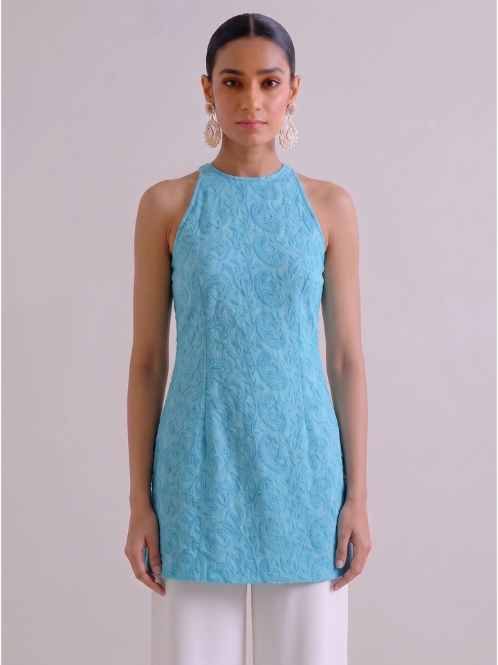 Anahi Chikankari Embroidery Co-ord Set (Blue)