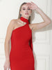 Woman wearing a red one-shoulder dress against a white background