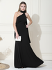 Woman wearing a black one-shoulder evening gown against a white wall.