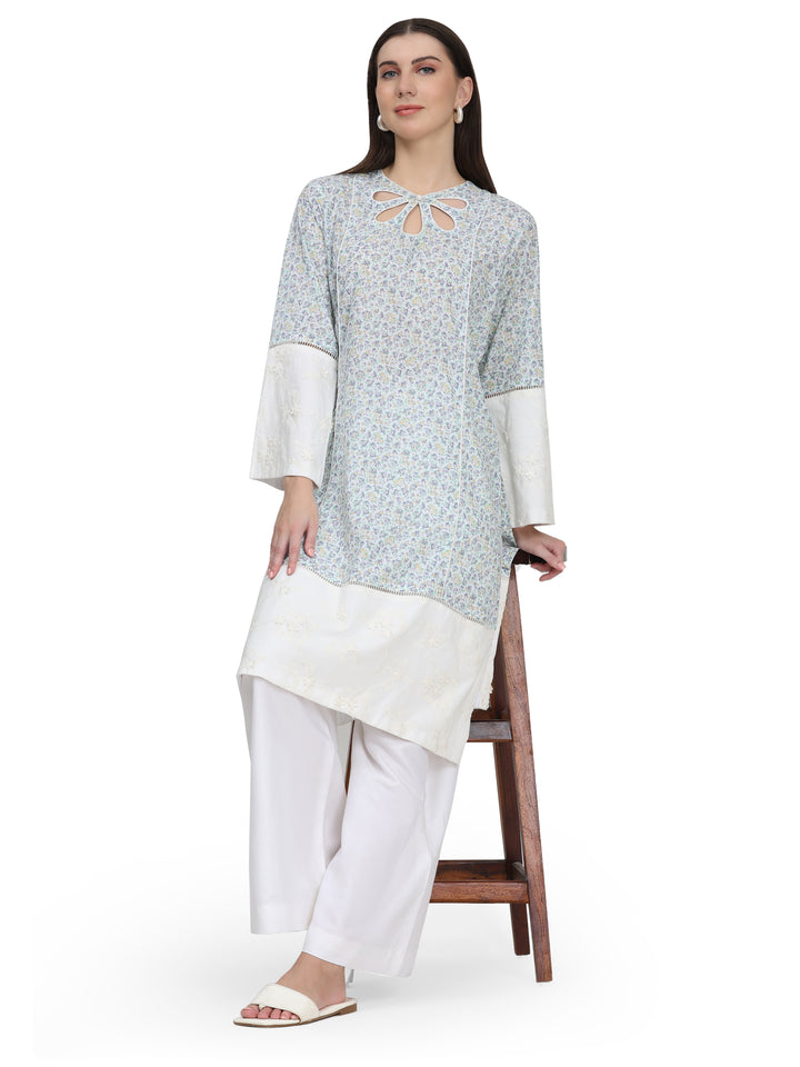 Mira, Loose Fit Rayon Indo western Kurta Only (Printed White)