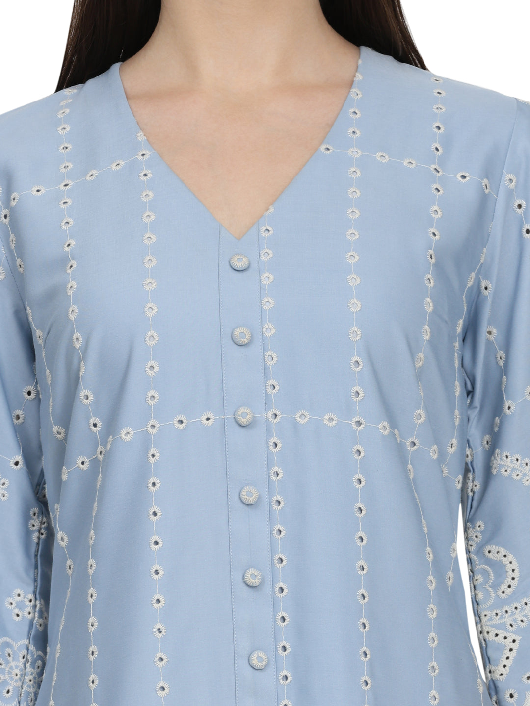 Myra, Loose Fit Schiffli Indo western Kurta Only (Aero Blue)