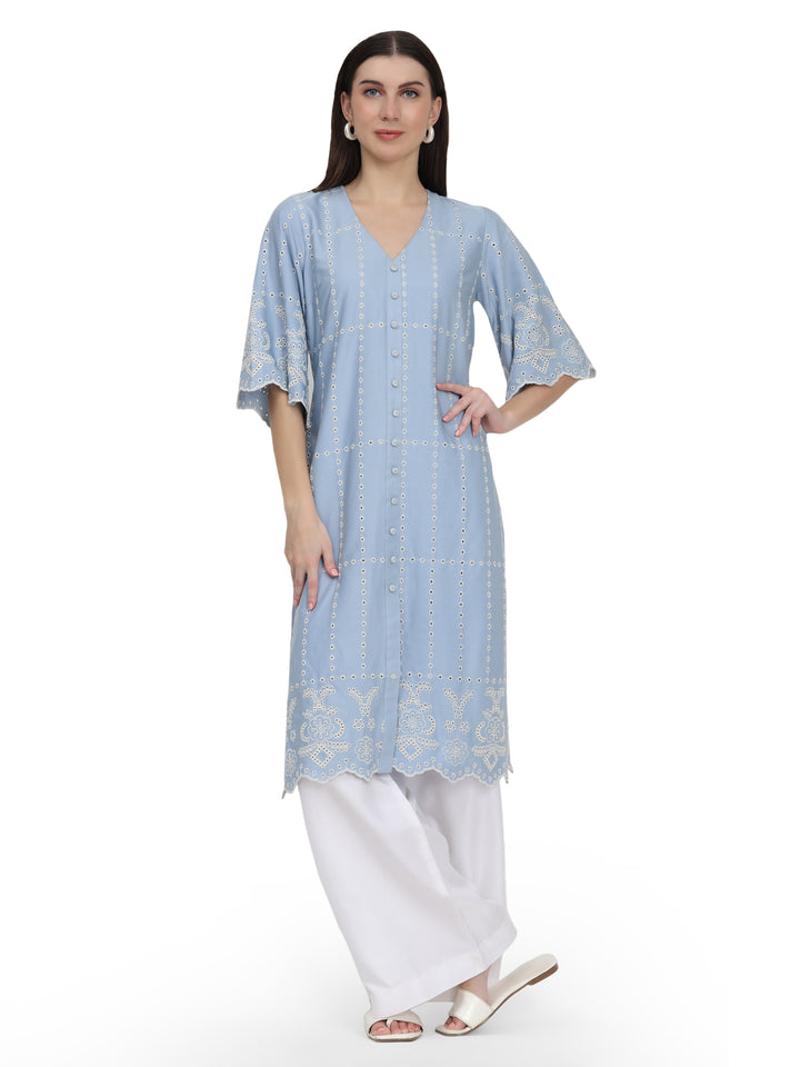 Myra, Loose Fit Schiffli Indo western Kurta Only (Aero Blue)