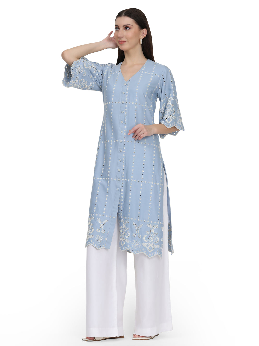 Myra, Loose Fit Schiffli Kurta Only (powder blue)