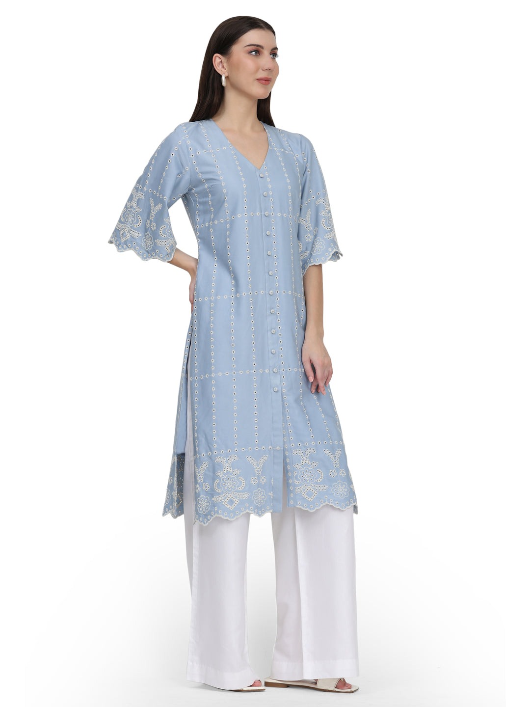 Myra, Loose Fit Schiffli Kurta Only (powder blue)