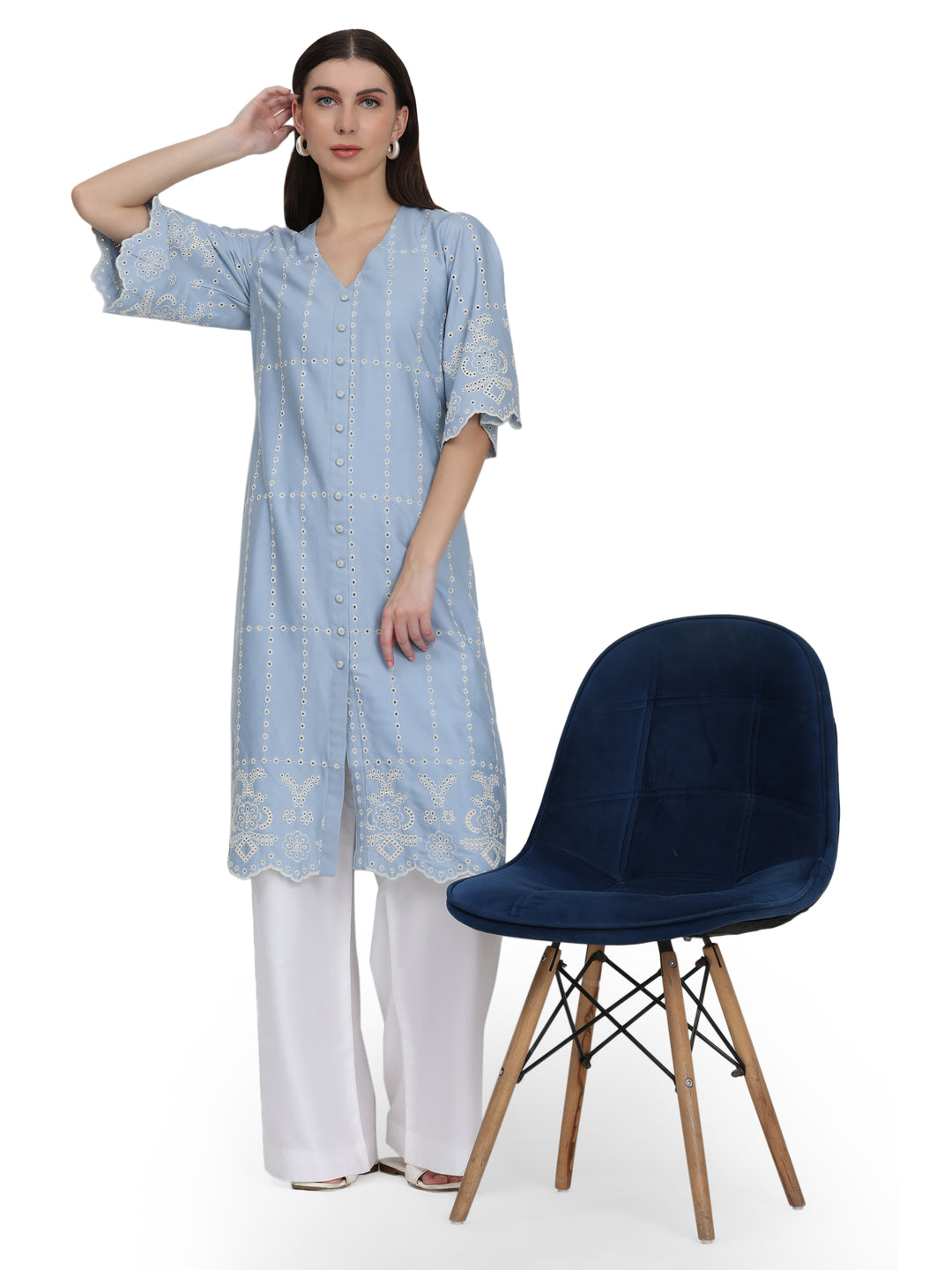 Myra, Loose Fit Schiffli Kurta Only (powder blue)