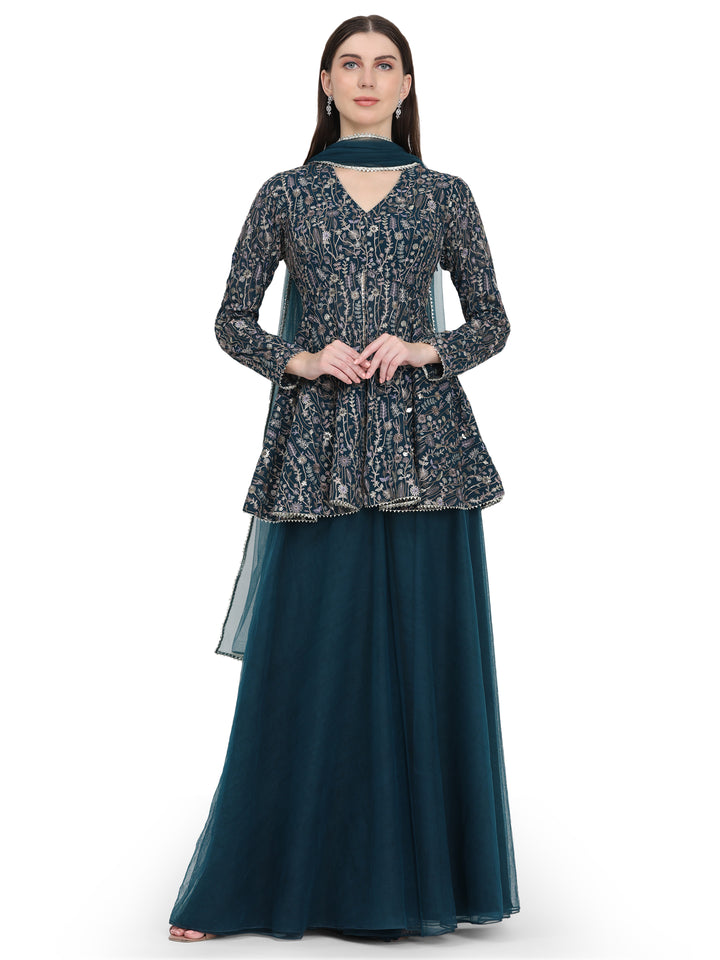 Ira, Georgette Indo western Sharara set (Teal)