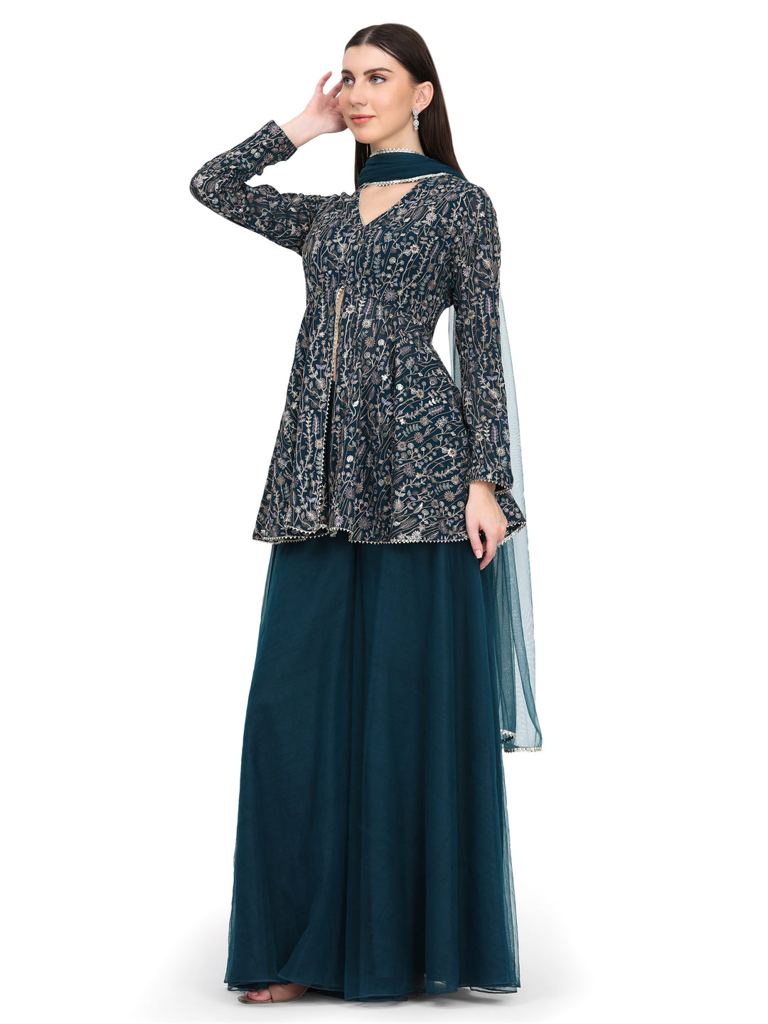 Ira, Georgette Indo western Sharara set (Teal)