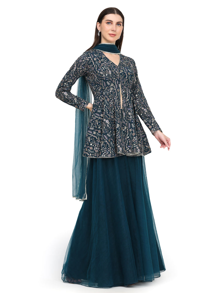 Ira, Georgette Indo western Sharara set (Teal)