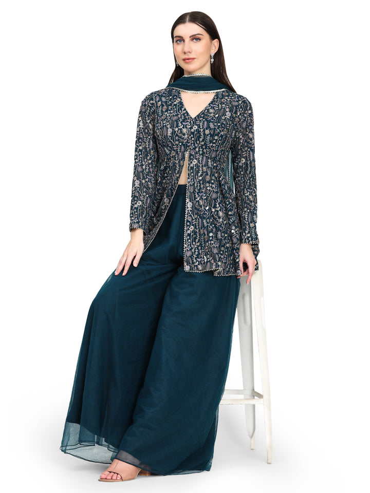 Ira, Georgette Indo western Sharara set (Teal)