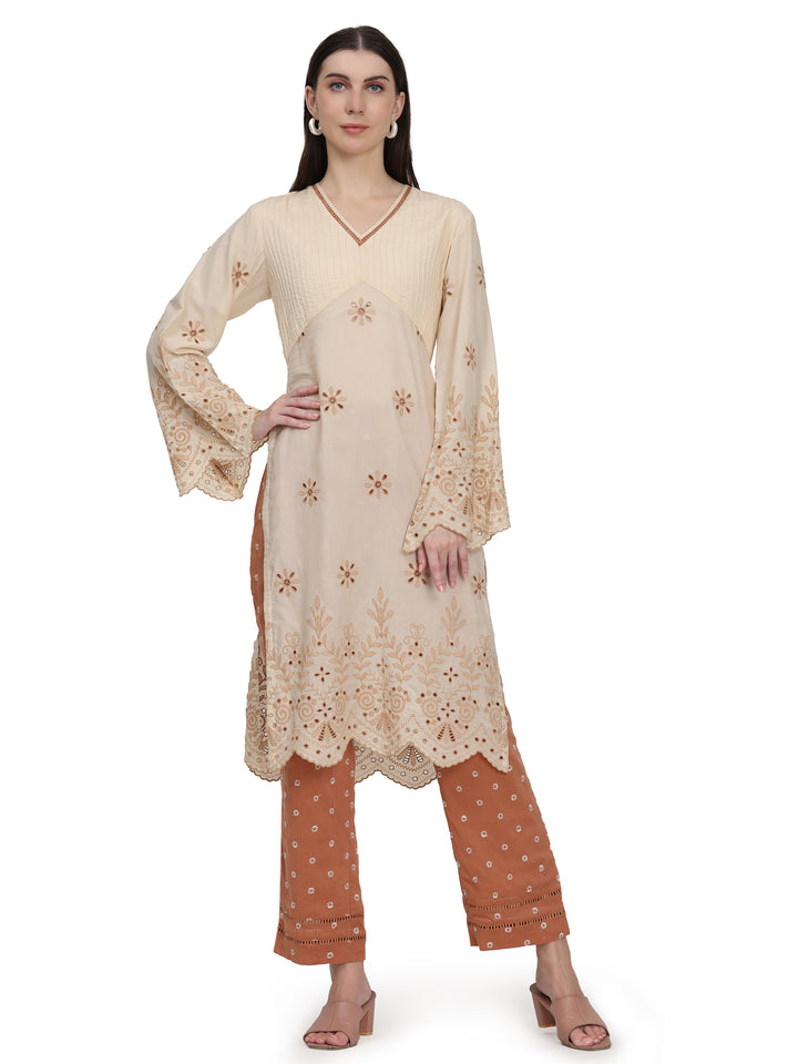 Ophelia, Loose Fit Schiffli Kurta set (Cream|Brown)