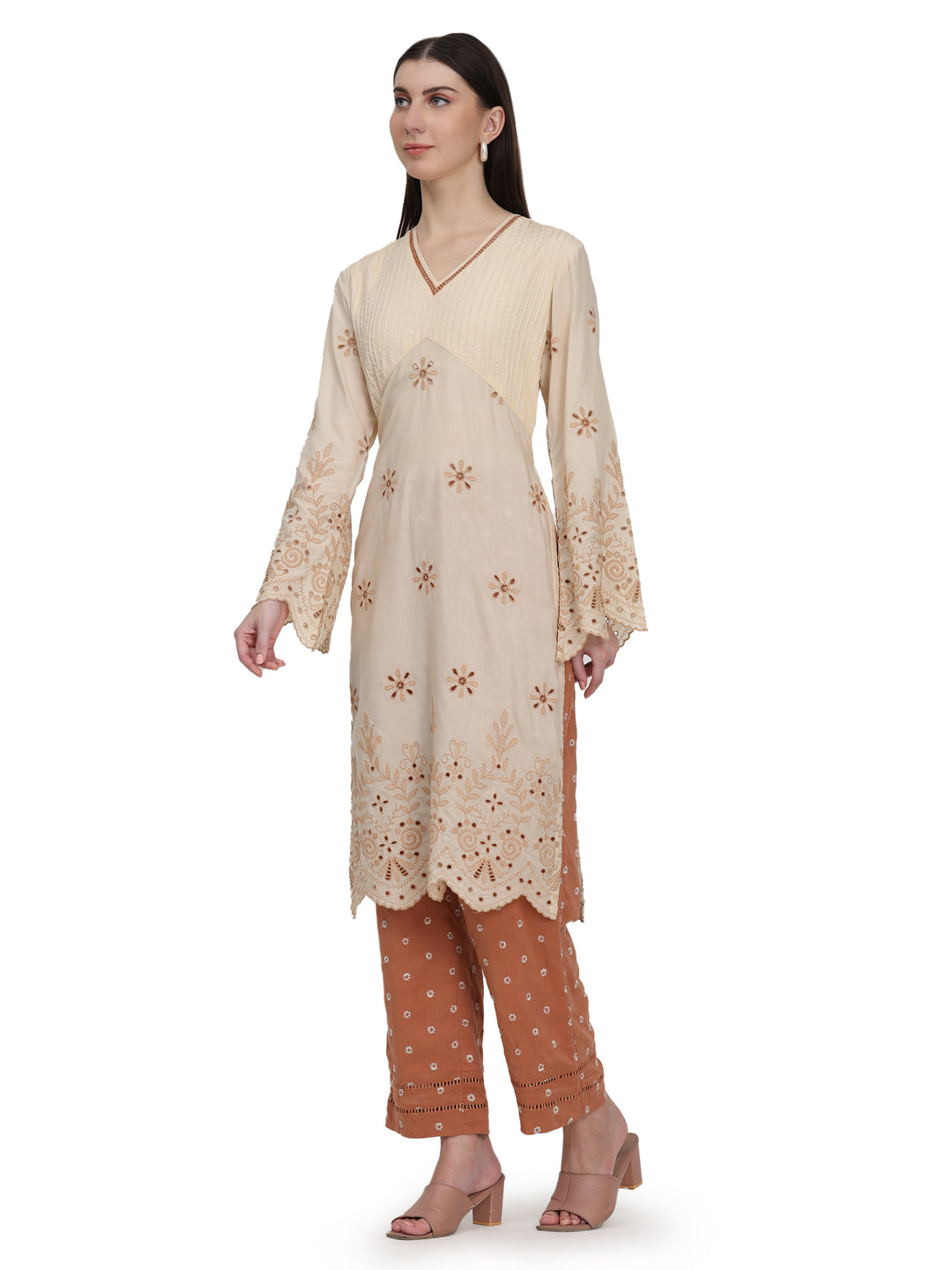 Ophelia, Regular Fit Schiffli Kurta Indo western set (Blanched Almond)