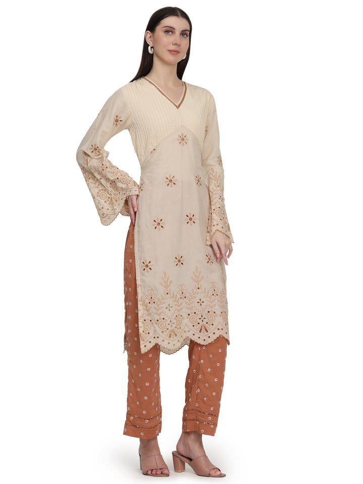 Ophelia, Regular Fit Schiffli Kurta Indo western set (Blanched Almond)