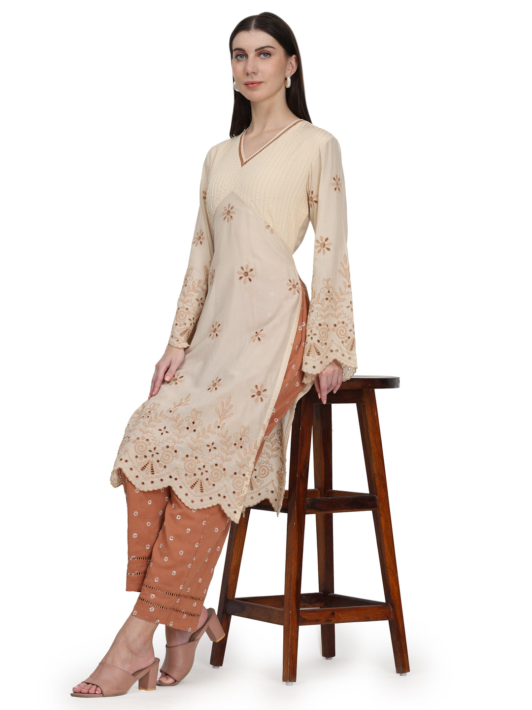 Ophelia, Regular Fit Schiffli Kurta Indo western set (Blanched Almond)