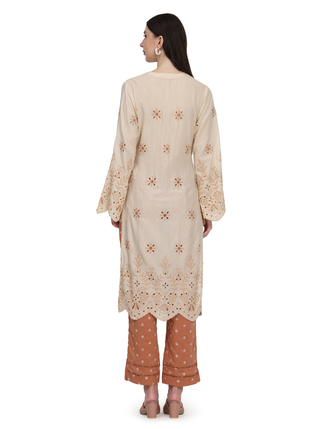 Ophelia, Loose Fit Schiffli Kurta set (Cream|Brown)