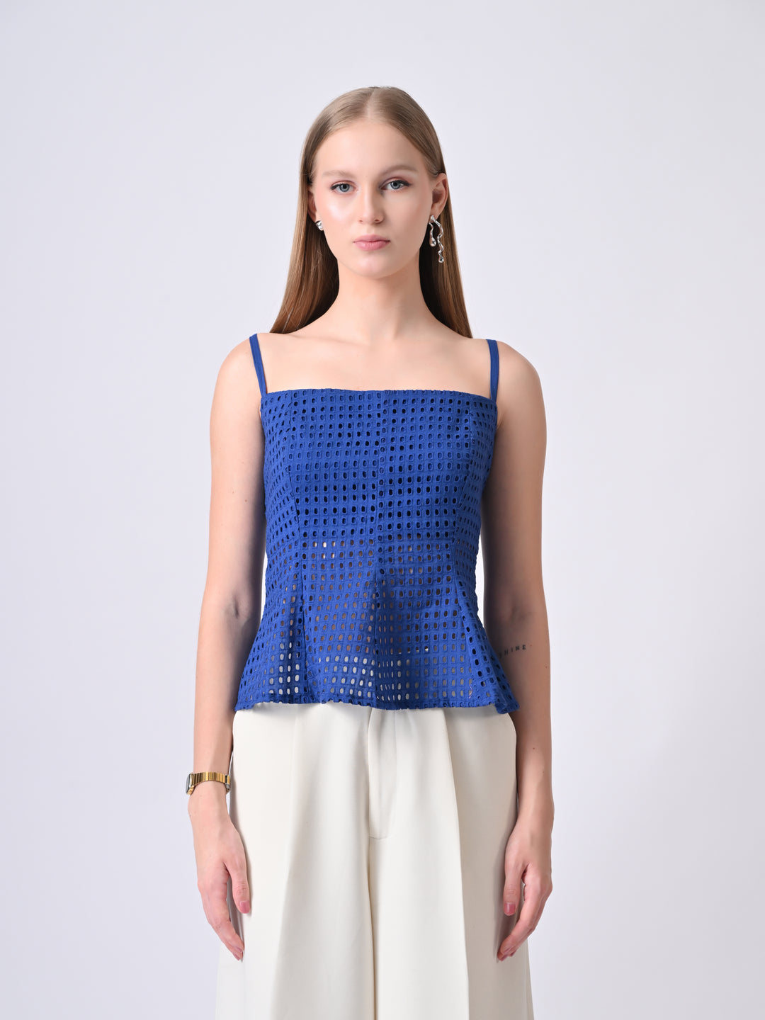 Elsa Electric Blue Schiffli Cotton Peplum Top