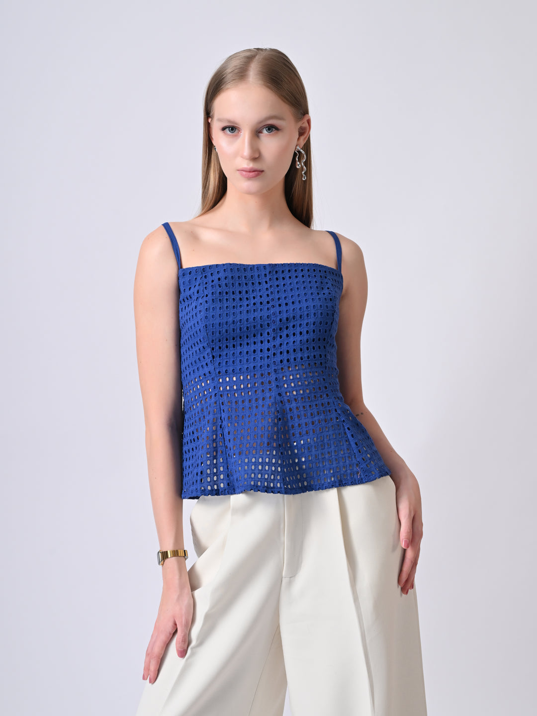 Elsa Electric Blue Schiffli Cotton Peplum Top