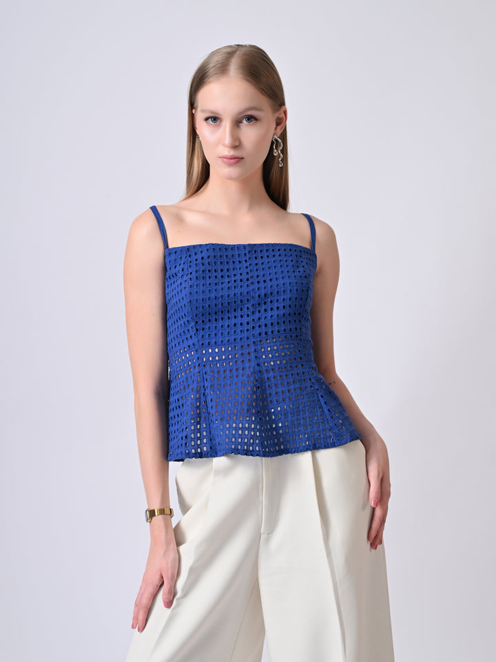Elsa Electric Blue Schiffli Cotton Peplum Top