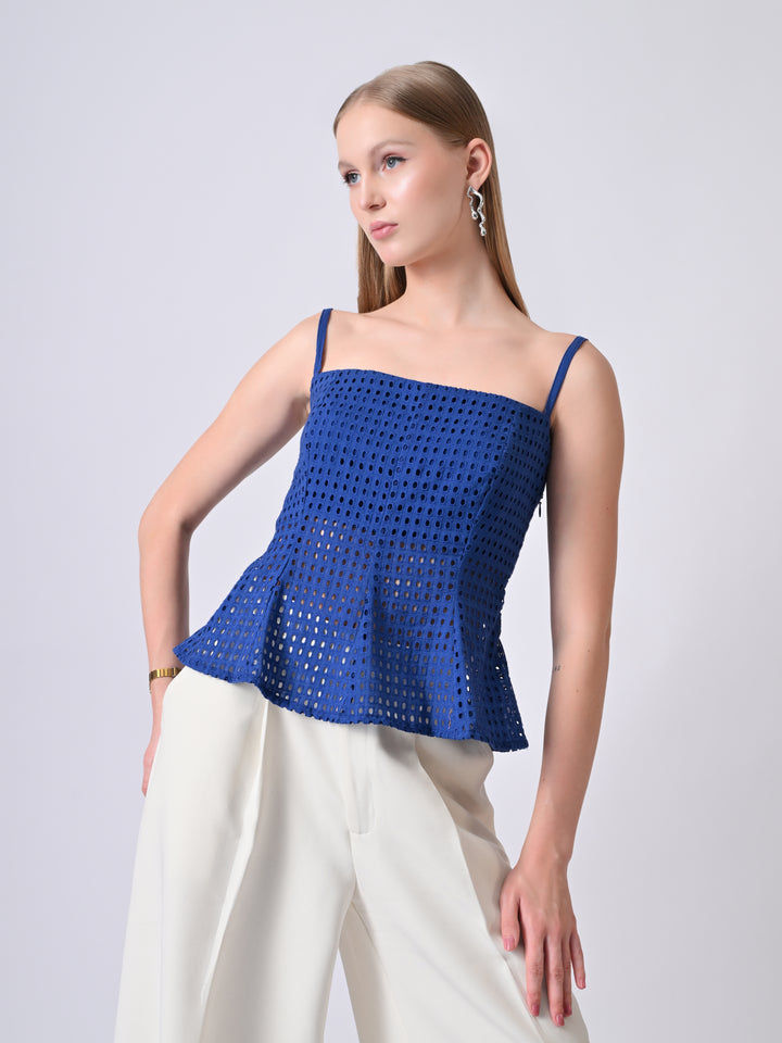 Elsa Electric Blue Schiffli Cotton Peplum Top