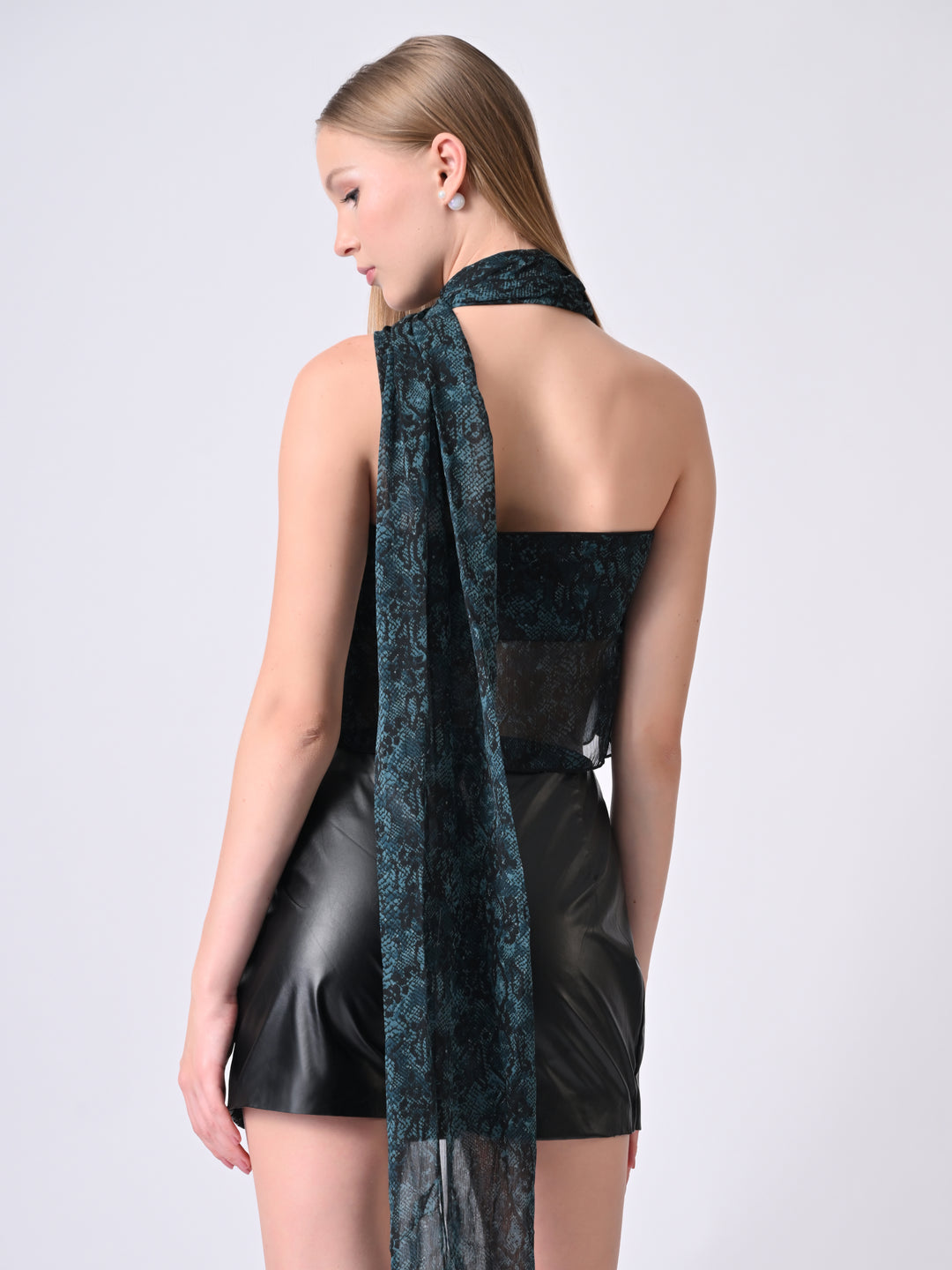 ZARAH Snake Print Off-Shoulder Drape Top (Teal)