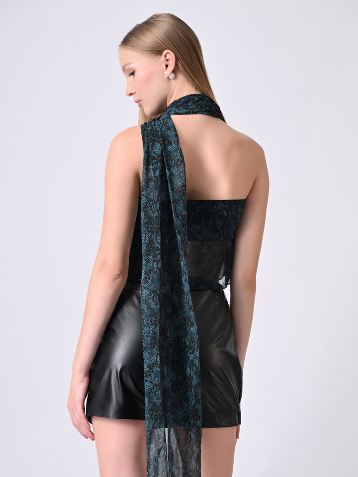 ZARAH Snake Print Off-Shoulder Drape Top (Teal)