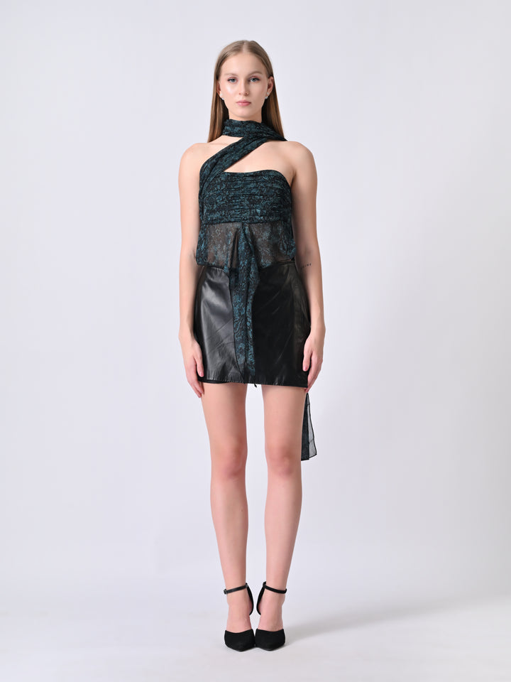 ZARAH Snake Print Off-Shoulder Drape Top (Teal)