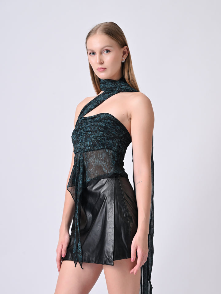 ZARAH Snake Print Off-Shoulder Drape Top (Teal)
