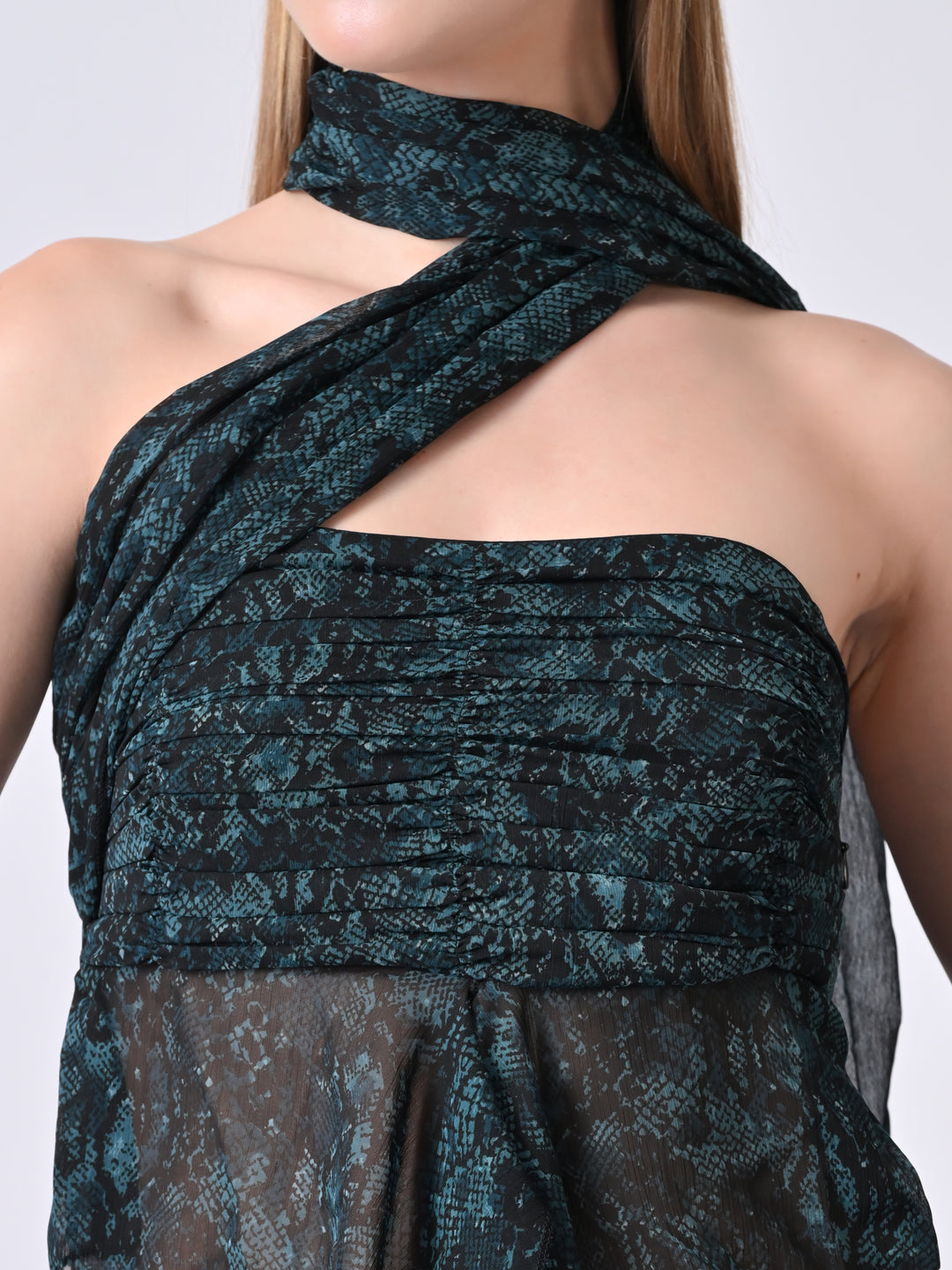 ZARAH Snake Print Off-Shoulder Drape Top (Teal)