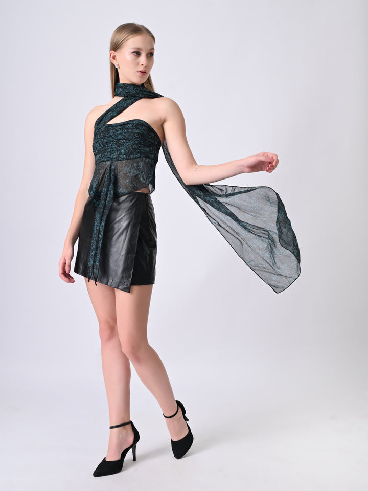 ZARAH Snake Print Off-Shoulder Drape Top (Teal)