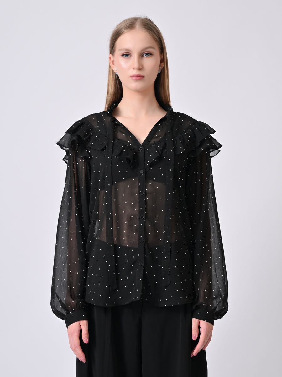 OLIVIA BLACK POLKA DOT RUFFLE SHIRT