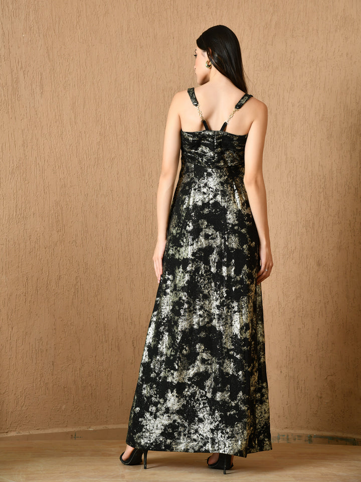 Adele Sleeveless Party Wear Long Dress (Black&Gold)