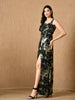 “Model wearing a black and gold metallic gown with front slit and sleeveless design – Kelin Fashion”

